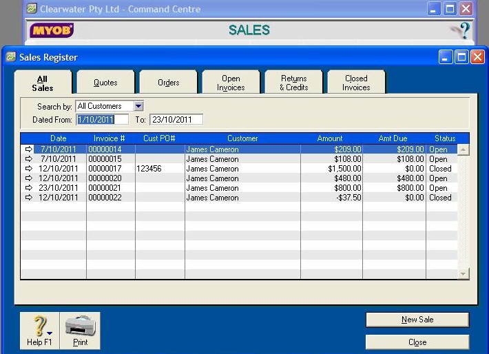 502201 Finding Sales Register in MYOB