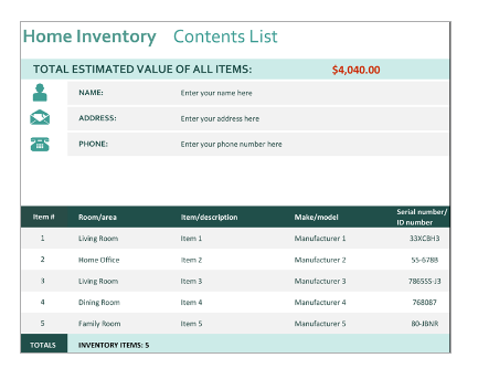 Create a home contents inventory for home insurance and assets using Microsoft Excel online course $25 per week